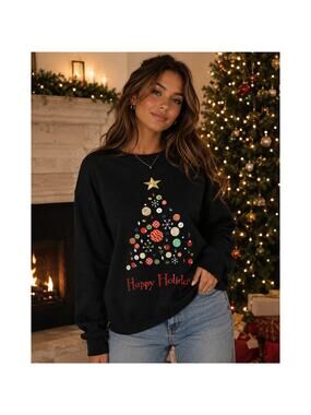 Holiday Time Happy Holidays Christmas Tree Ugly Christmas Sweater XL Black Retro